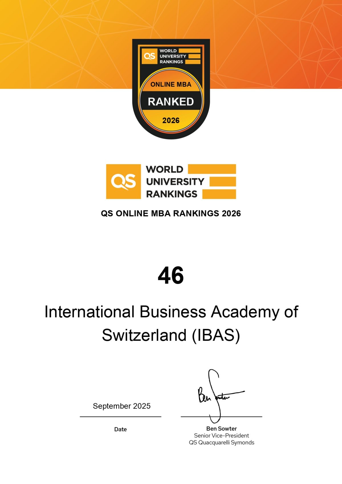 #46 in QS Online MBA Rankings 2026: Global