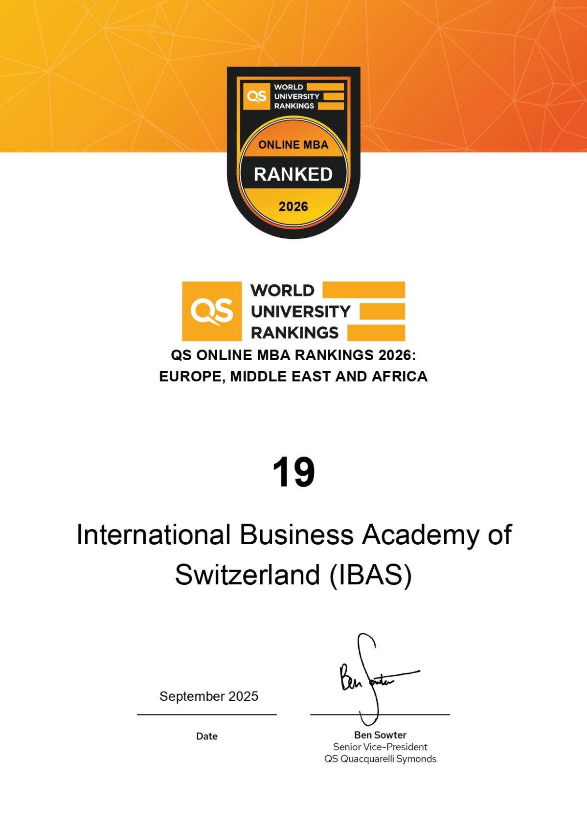 #19 in QS Online MBA Rankings 2026: Europe, Middle East, and Africa